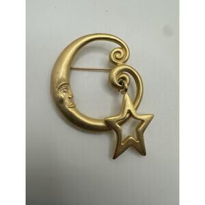 Vintage Gold Tone Moon Dangle Star Brushed Metal Brooch Pin Rhinestone Eye